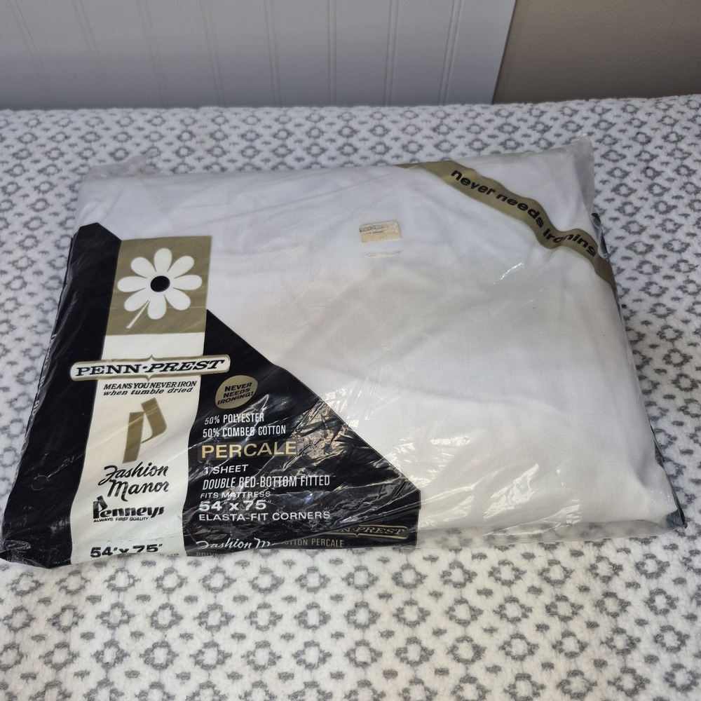 Fashion Manor Vtg 60s DOUBLE FITTED SHEET 54x75 White Penneys Percale 100%Cotton